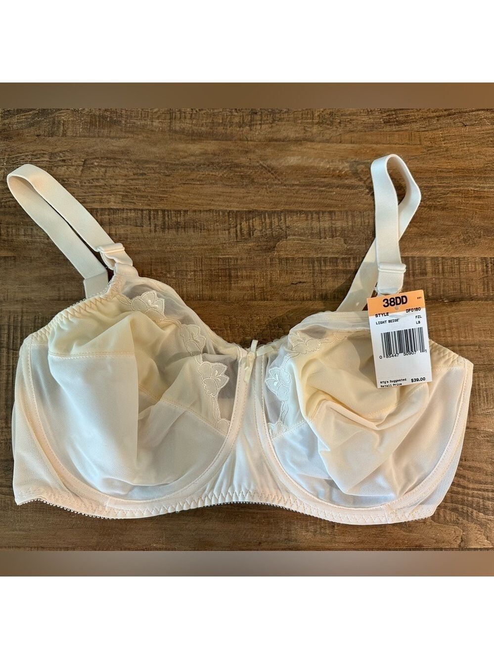 BALI Flower Underwire Unlined Full Coverage Bra Style 0180 Size 38 DD Lt beige